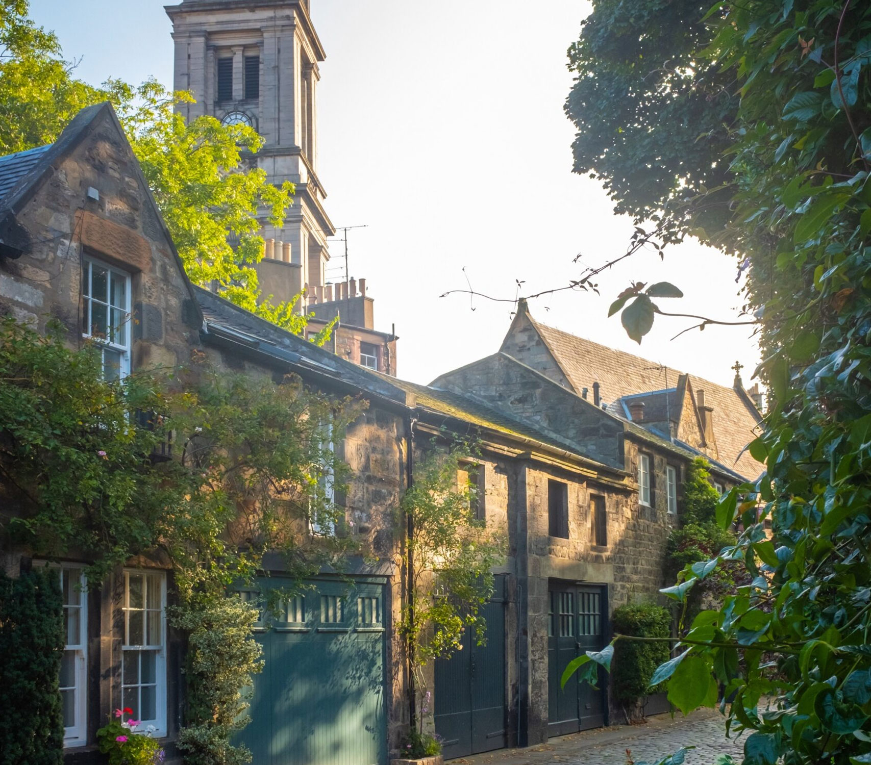 Row of houses with tower